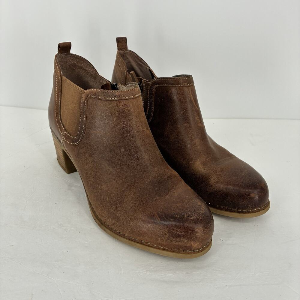 Dansko Harlene Brown Leather Distressed Side Zip Heeled Bootie Women's Size 41